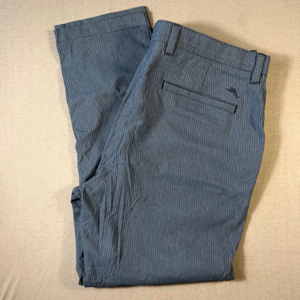 Tommy Bahama Boracay Mens 38x30 Blue Micro Check Stretch Chino Pants Marlin Logo
